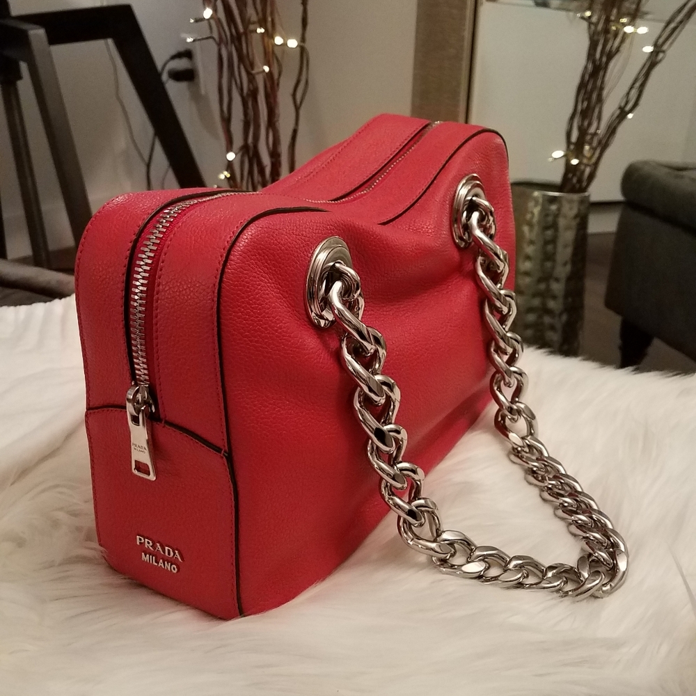 Prada Lacca Red Leather Chain Handle Satchel - Picture 3 of 6